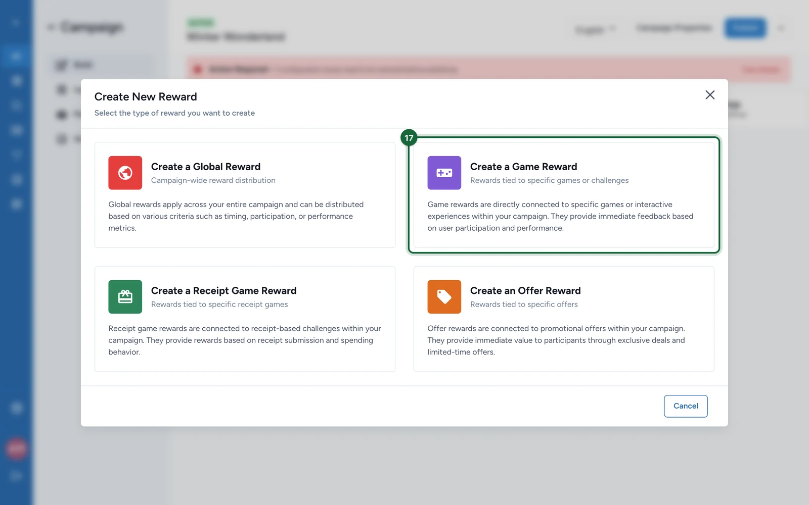 Create New Reward window with Create a Game Reward highlighted