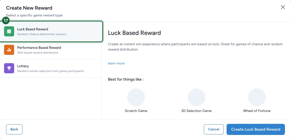 Game reward type dialog with Luck Based Reward selected and the Create Luck Based Reward button visible