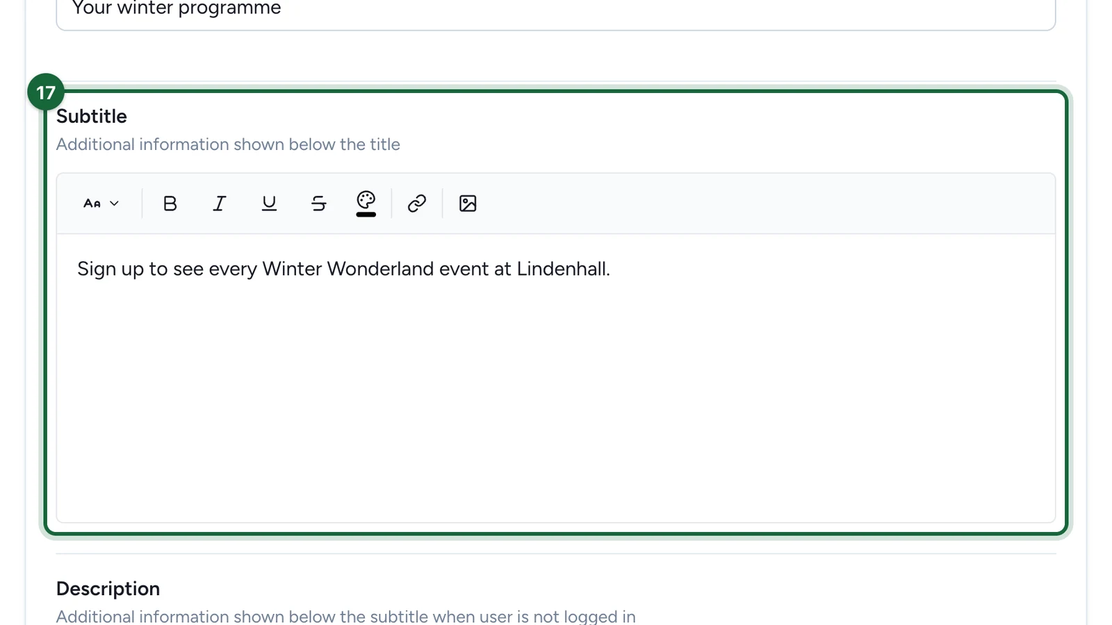 Subtitle about signing up to see the winter events, highlighted
