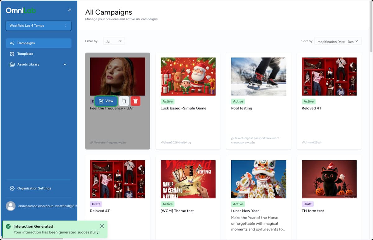 All Campaigns list with the newly generated draft campaign and an Interaction Generated confirmation message