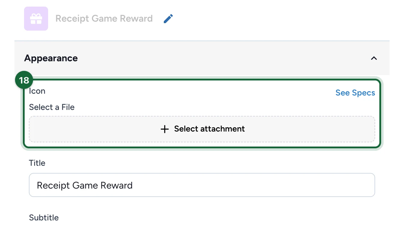 Reward Appearance with the Icon Select attachment button highlighted