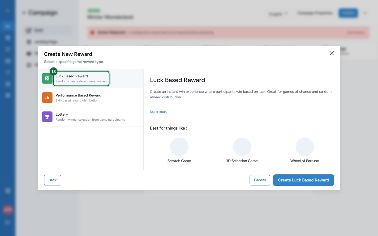 Reward types with Luck Based Reward highlighted
