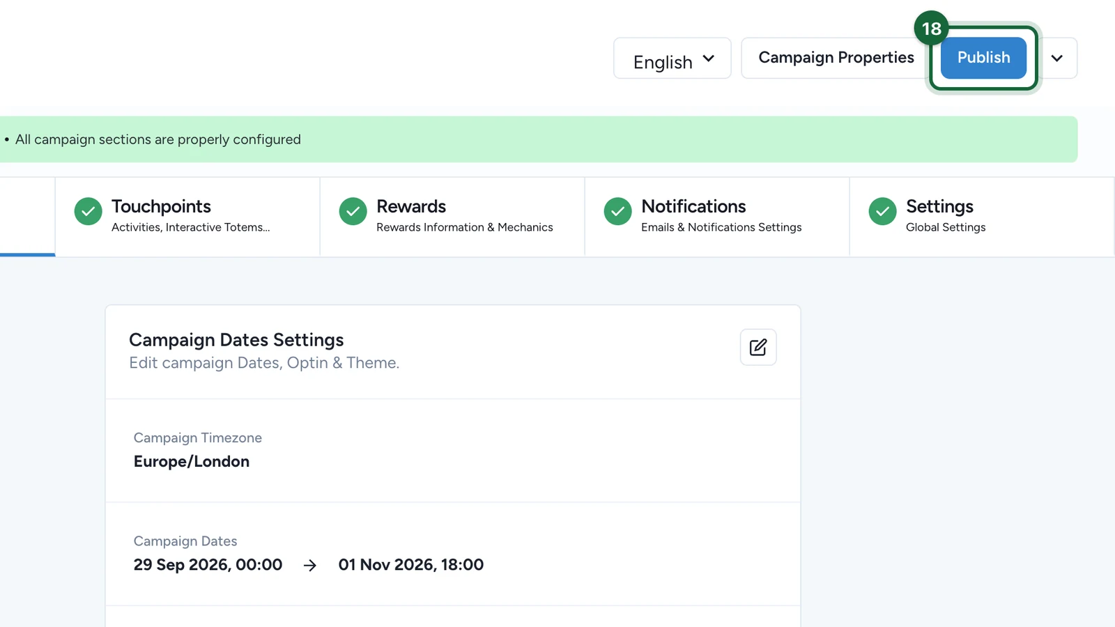Campaign header with the Publish button highlighted