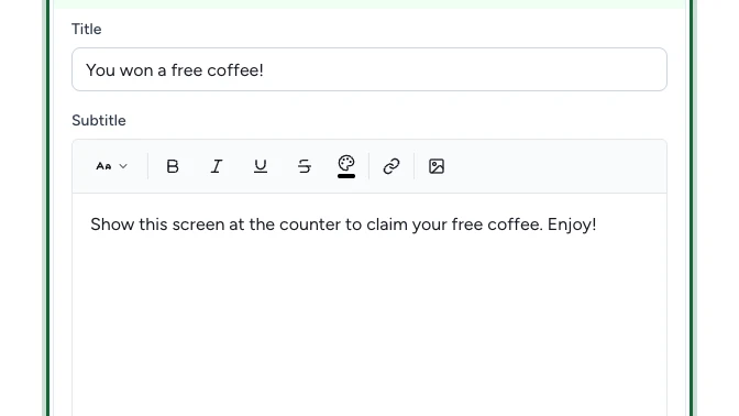 Reward User Messages section with the Messages for Winners title and subtitle fields highlighted