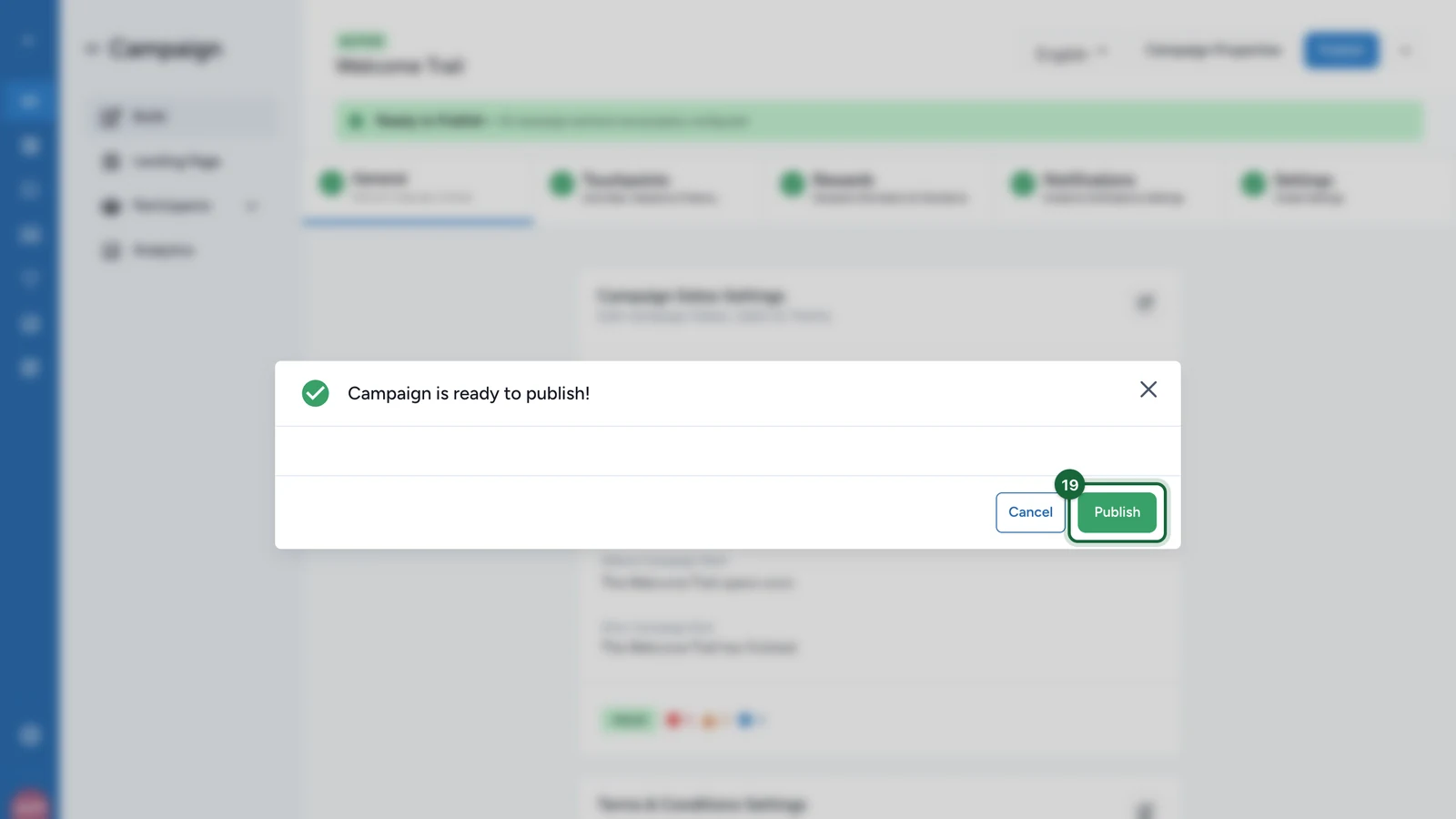 Publish window saying the campaign is ready to publish, with the Publish button highlighted