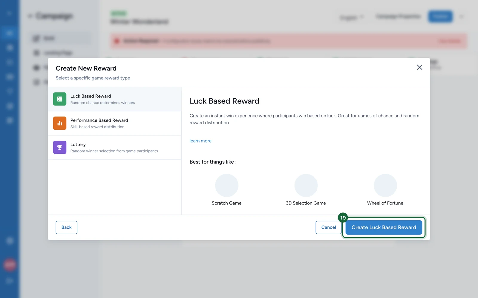 Create New Reward window with Create Luck Based Reward highlighted