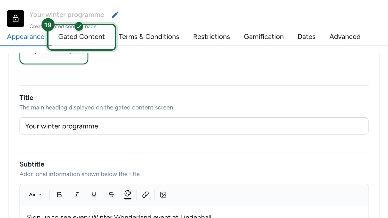Touchpoint editor with the Gated Content tab highlighted