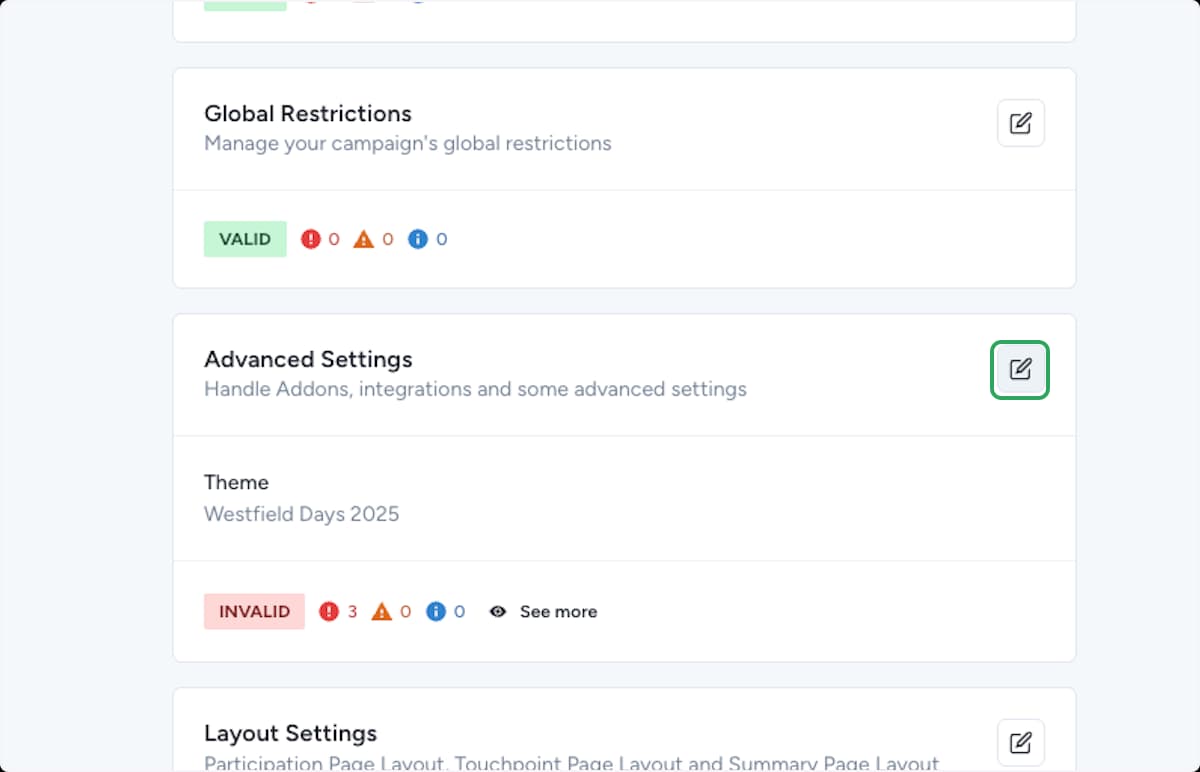 Settings page with the Advanced Settings edit icon highlighted and an Invalid status shown