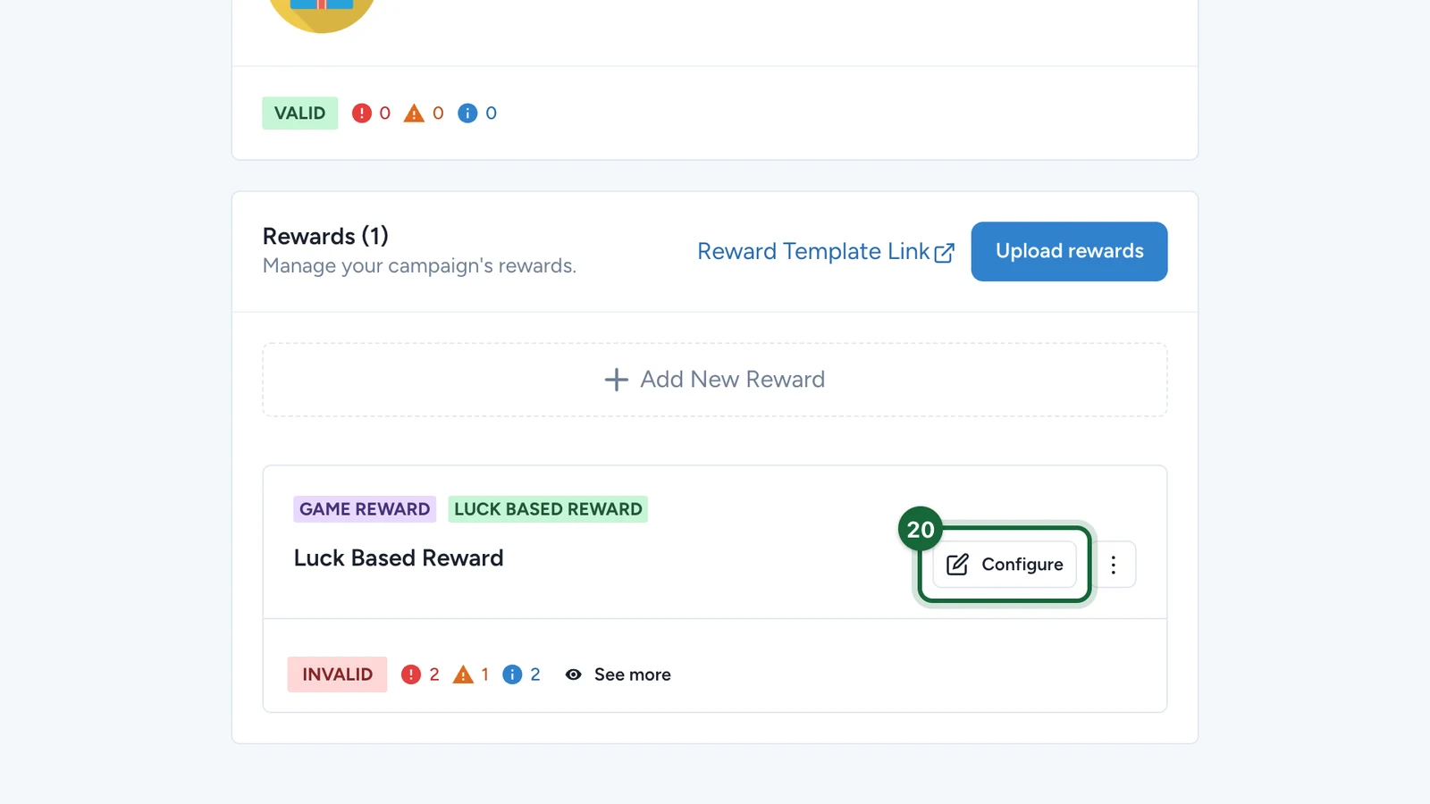 Luck Based Reward card with its Configure button highlighted