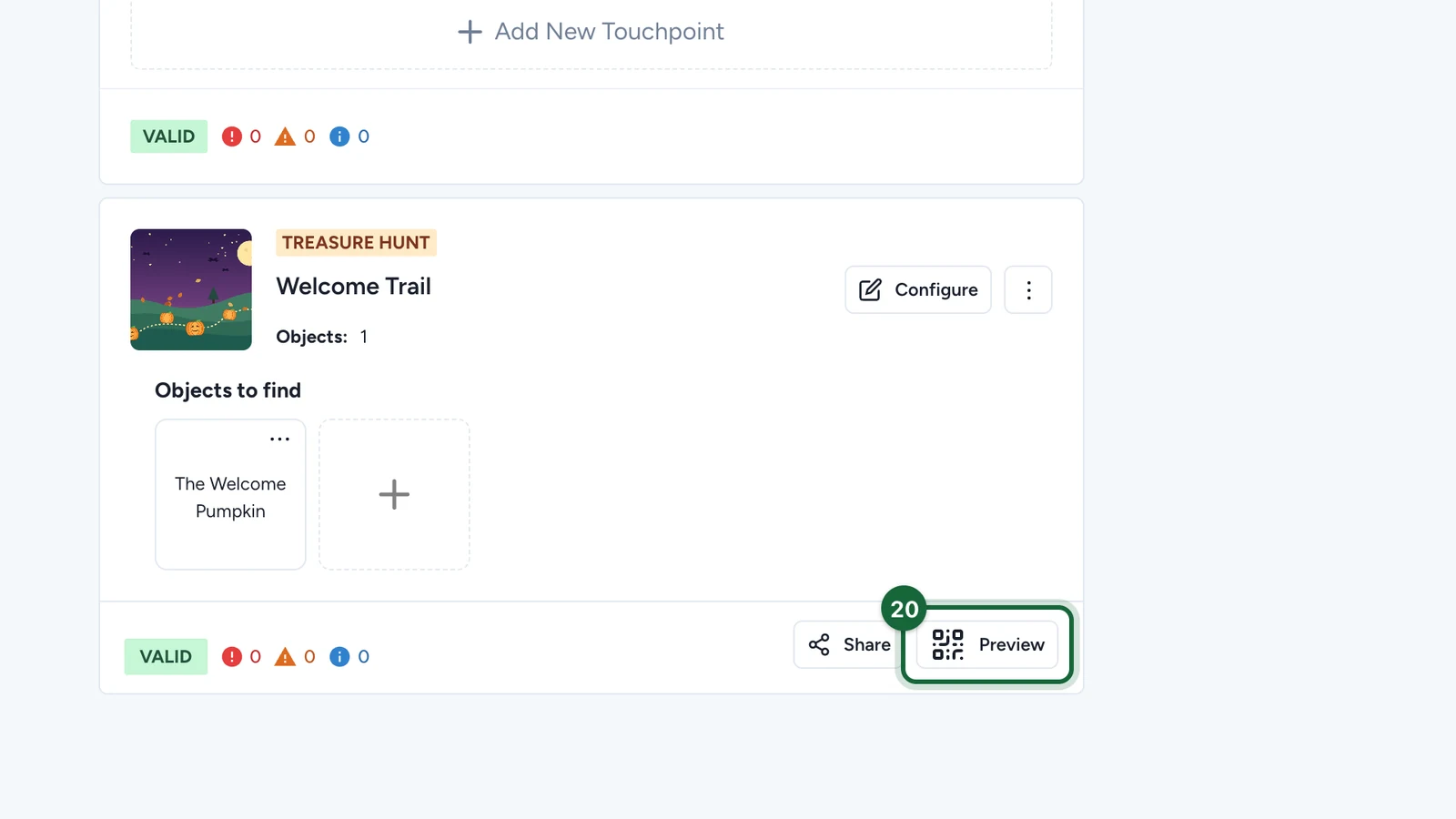 Welcome Trail card with the Preview button highlighted