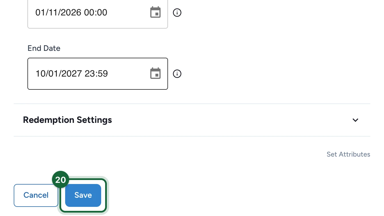Reward settings with the Save button highlighted
