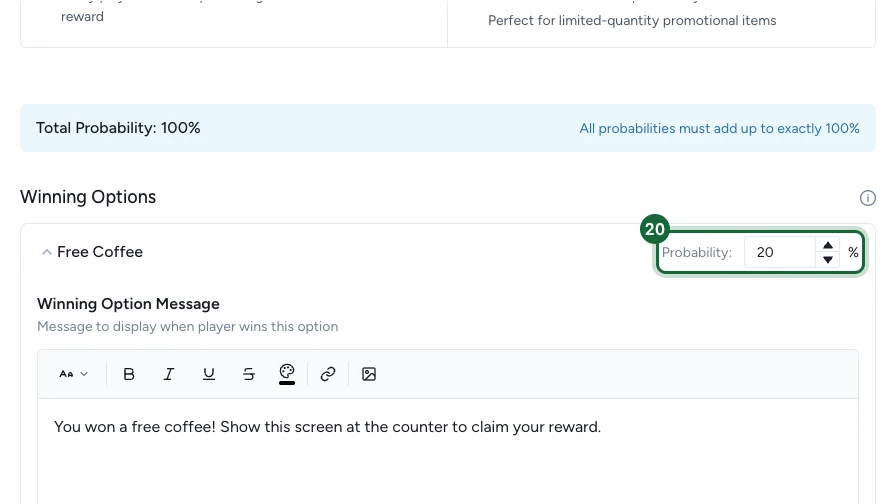 Winning option header with its Probability field highlighted