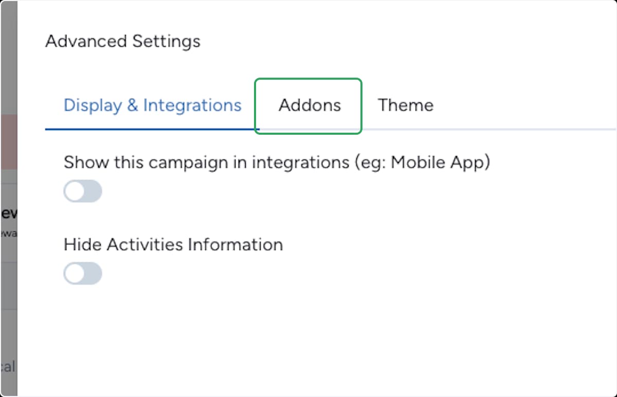 Panneau Advanced Settings avec l'onglet Addons mis en évidence à côté de Display & Integrations et Theme