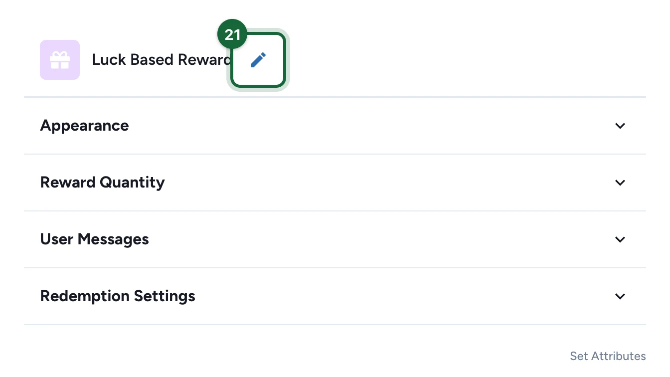 Reward settings with the pencil next to Luck Based Reward highlighted