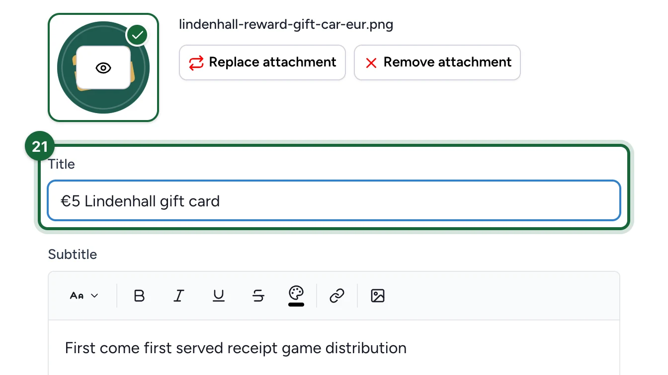 Reward Title €5 Lindenhall gift card, highlighted