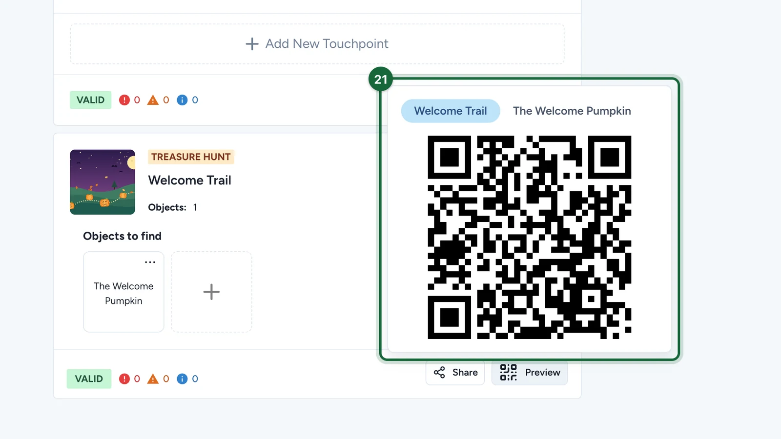 Preview window with the Welcome Trail tab and its QR code, highlighted