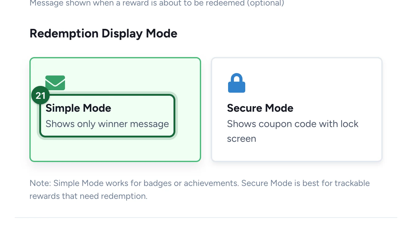 Redemption Display Mode with Simple Mode highlighted