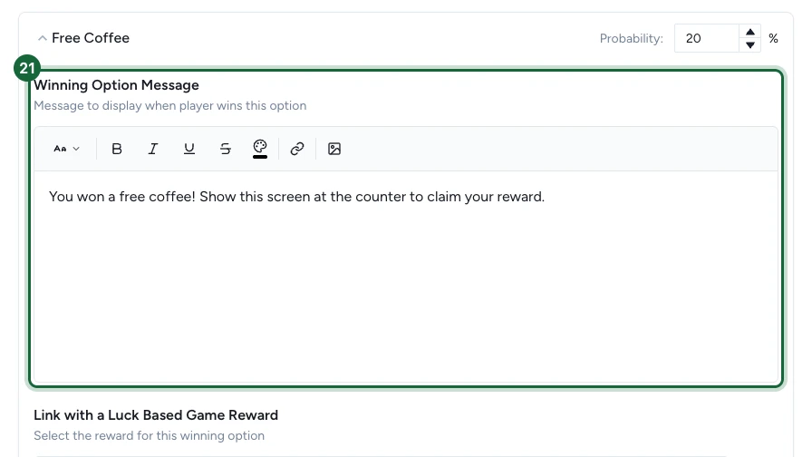 Winning option with the Winning Option Message editor highlighted