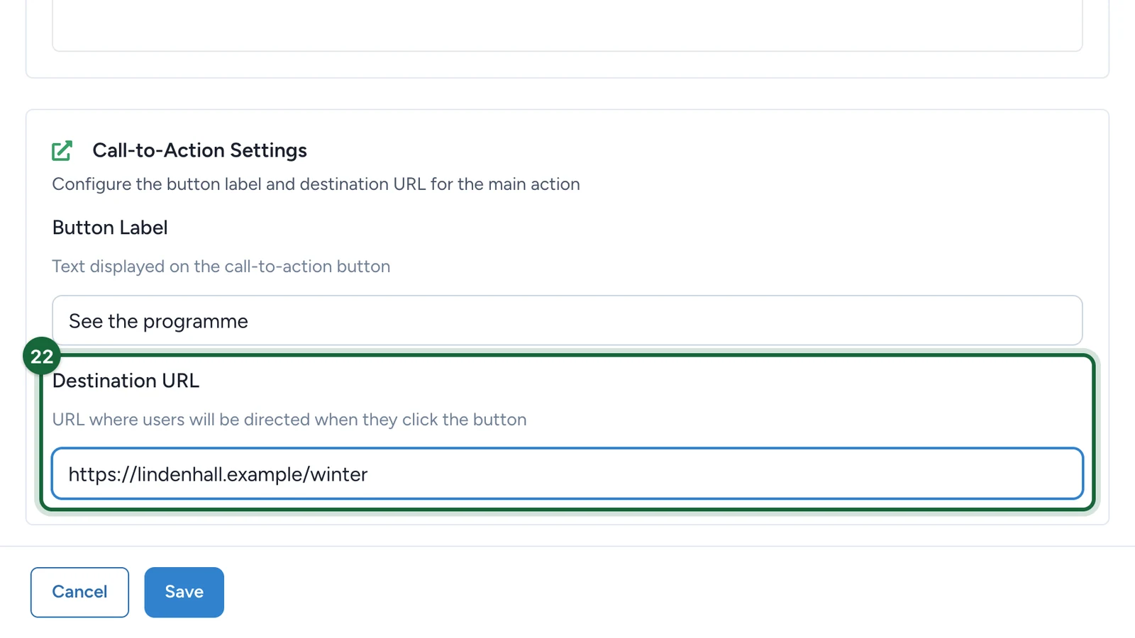 Destination URL lindenhall.example/winter, highlighted