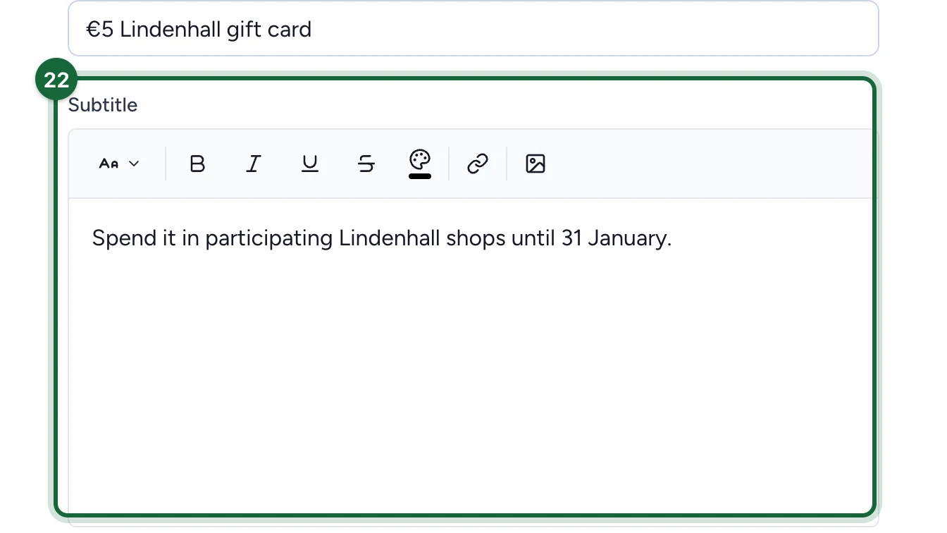 Reward Subtitle about spending the gift card in participating shops, highlighted