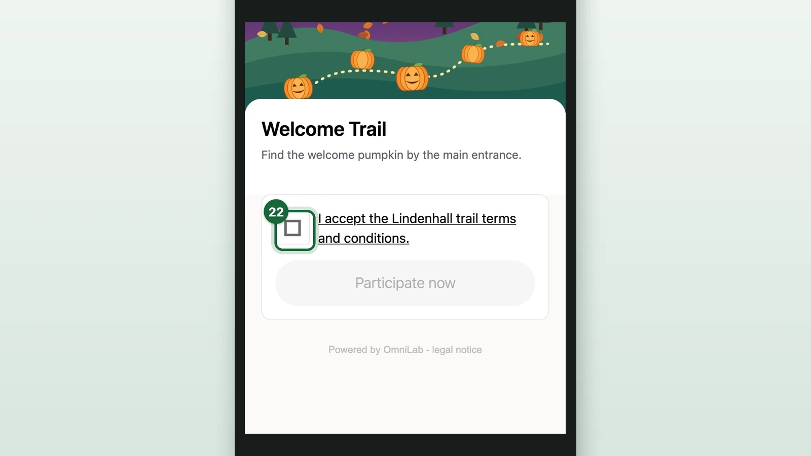 Welcome Trail page on a phone with the terms checkbox highlighted
