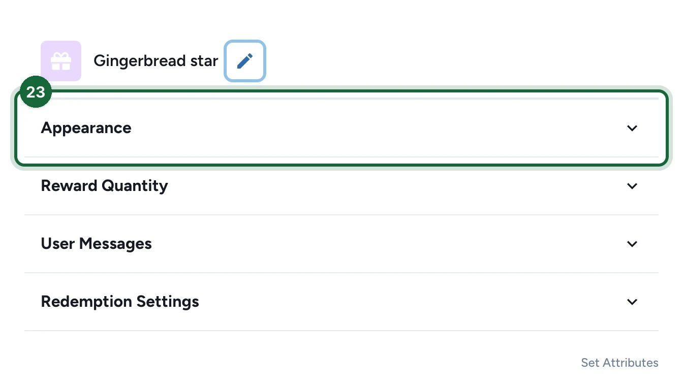 Reward settings with the Appearance section highlighted