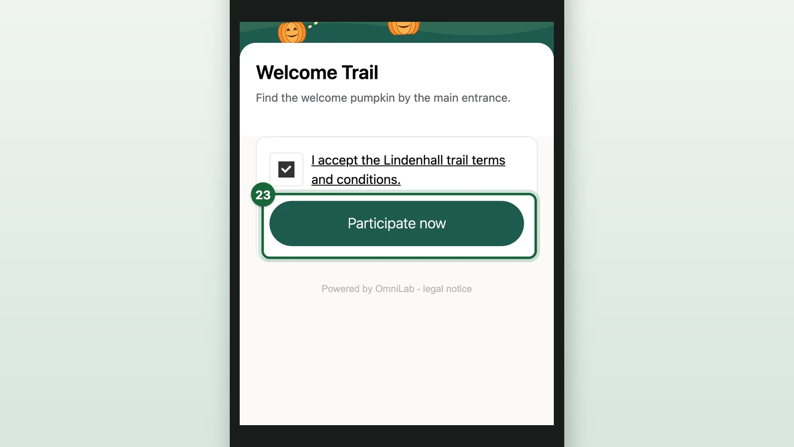 Welcome Trail page on a phone with the Participate now button highlighted