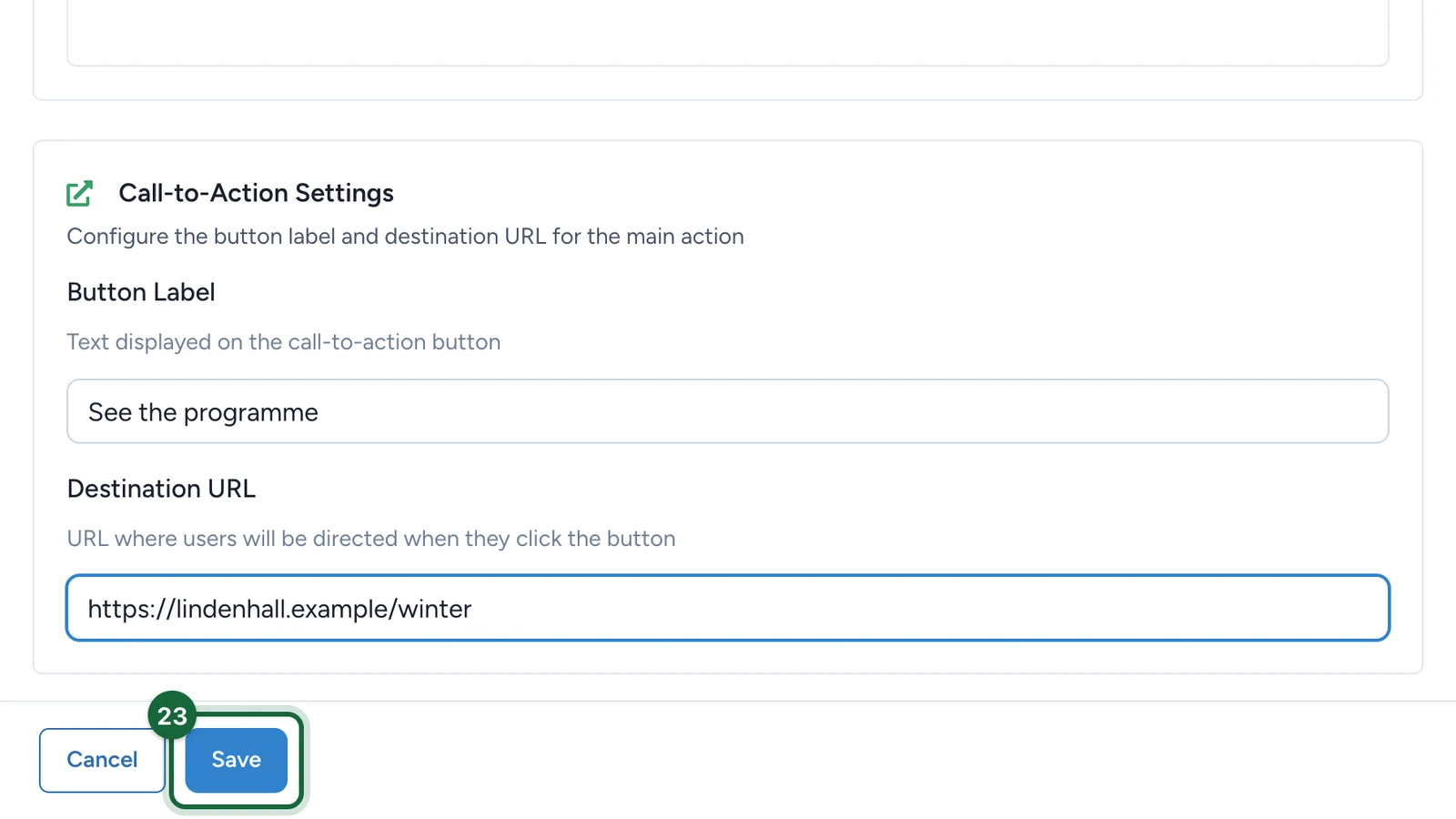 Touchpoint editor footer with the Save button highlighted