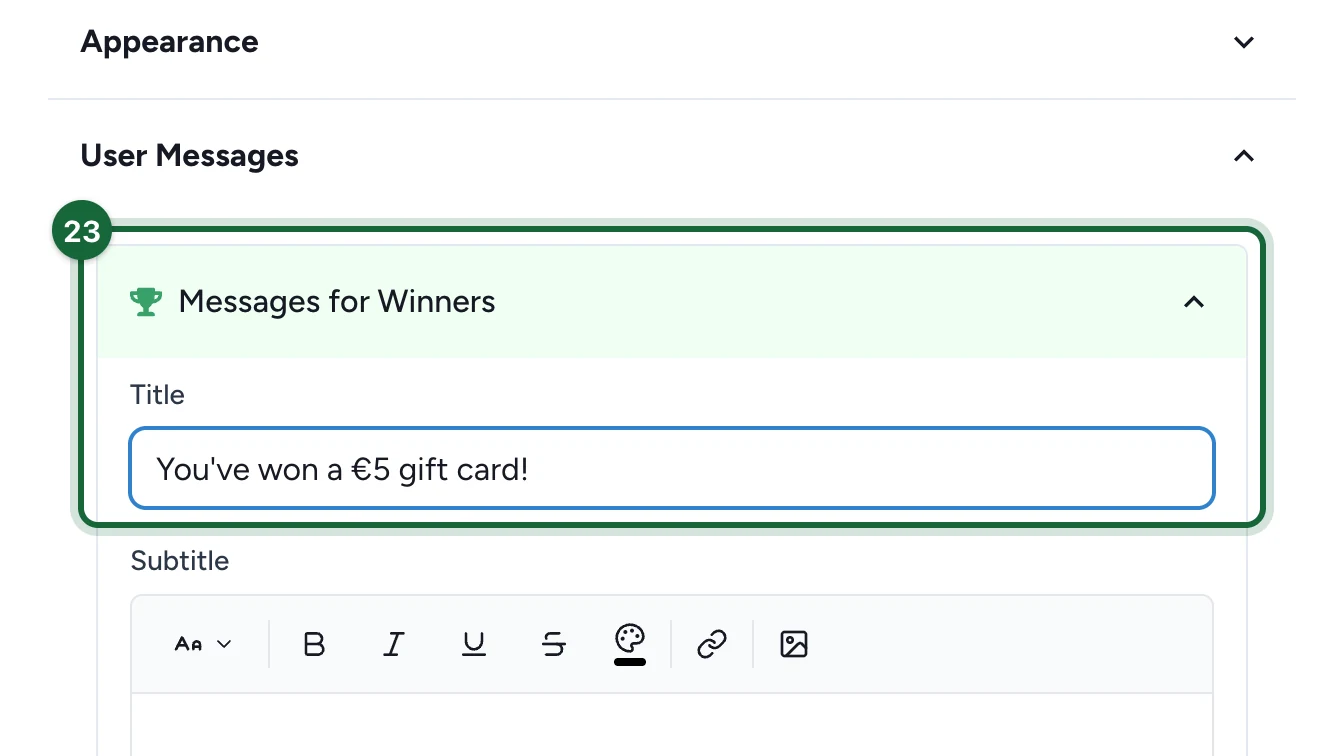 Messages for Winners with the Title You've won a €5 gift card!, highlighted
