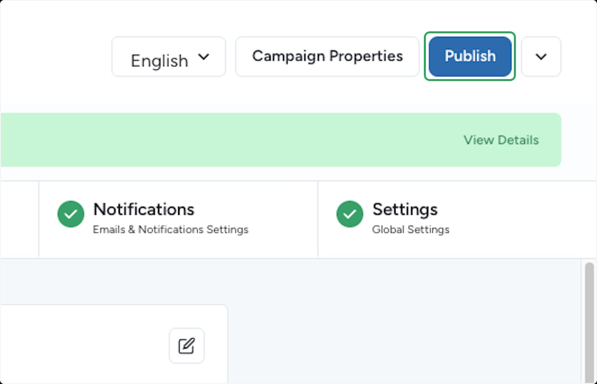 En-tête de l'éditeur de campagne avec toutes les sections vertes et le bouton Publish mis en évidence