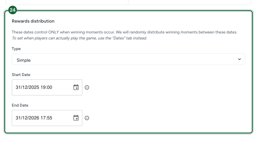 Outcomes tab with Scheduled Rewards selected, showing the Rewards distribution Type, Start Date, and End Date