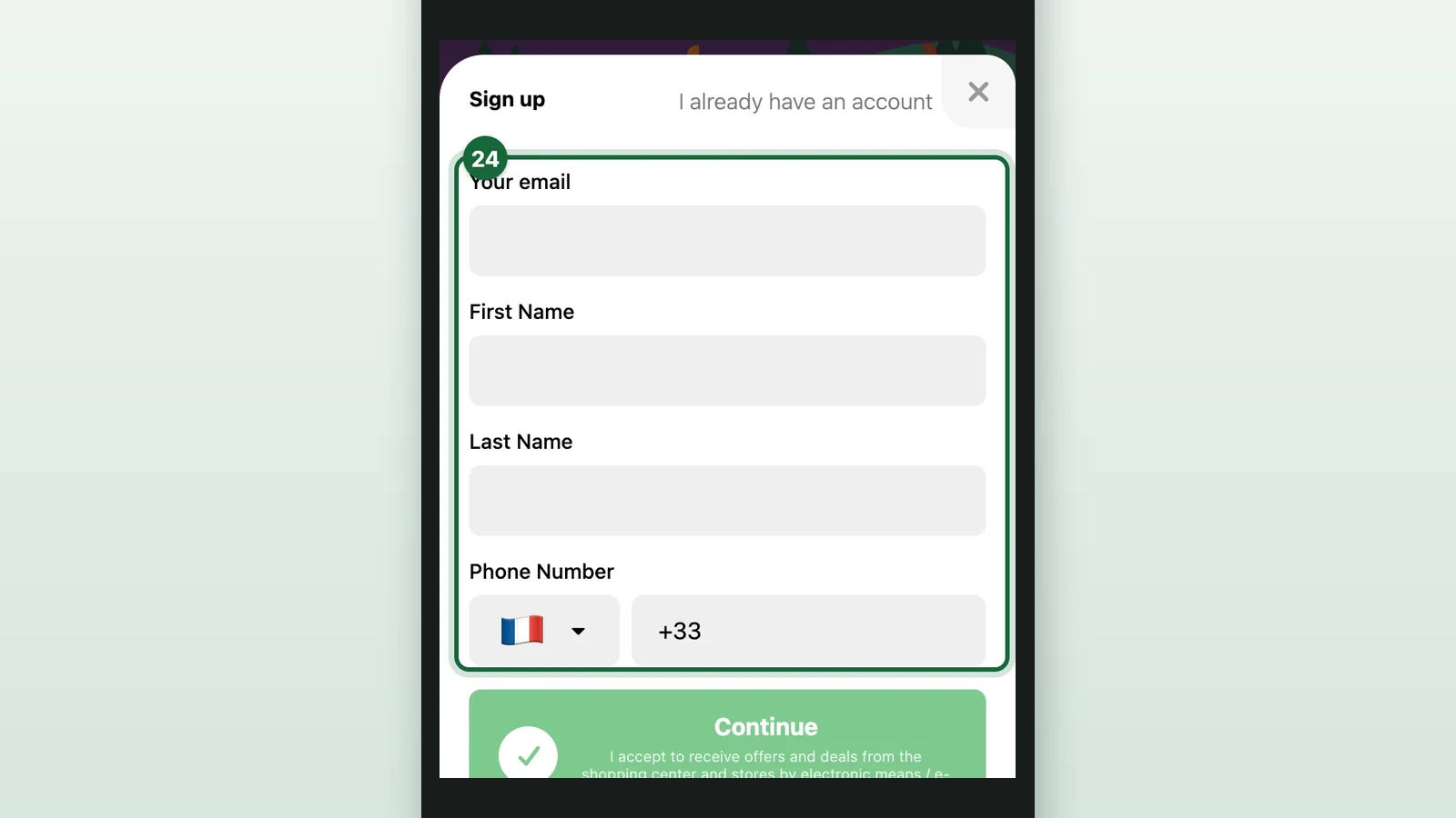 Sign up form on a phone with the email, name and phone fields highlighted