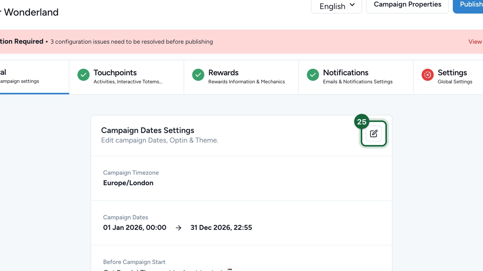 Campaign Dates Settings card with its edit button highlighted