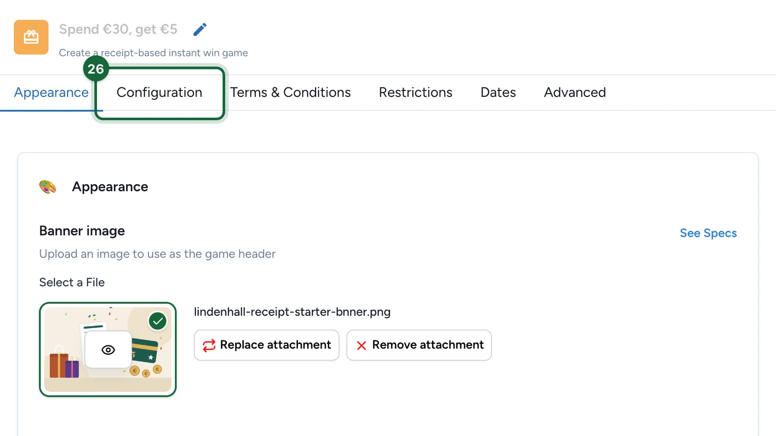 Receipt game editor with the Configuration tab highlighted