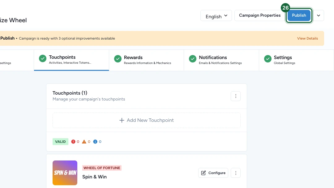 Campaign build view with the Publish button highlighted in the top bar