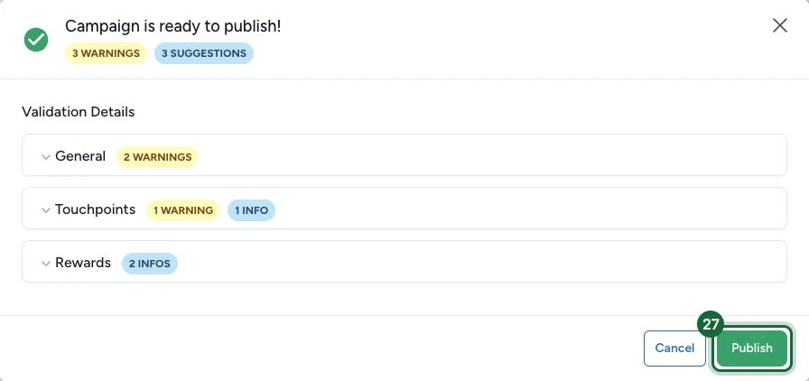 Publish dialog confirming the campaign is ready to publish, with the Publish button highlighted