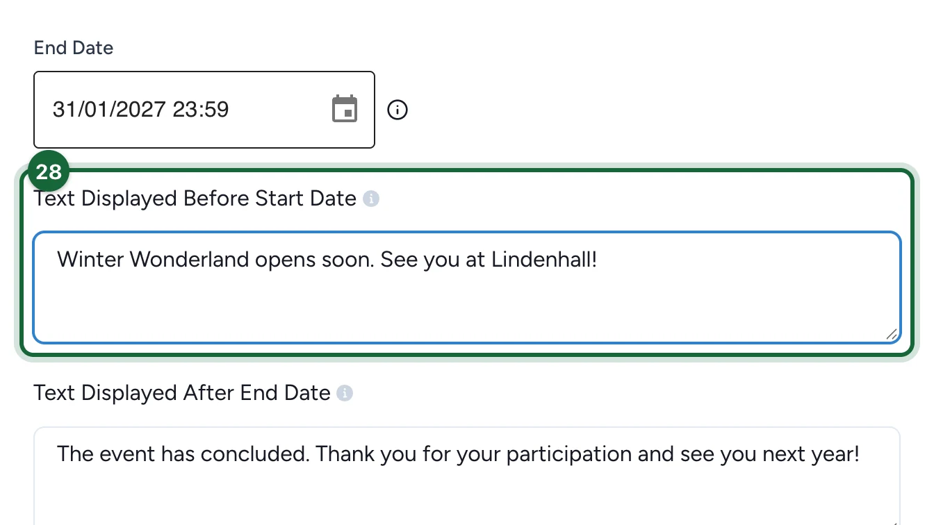 Text Displayed Before Start Date saying Winter Wonderland opens soon, highlighted