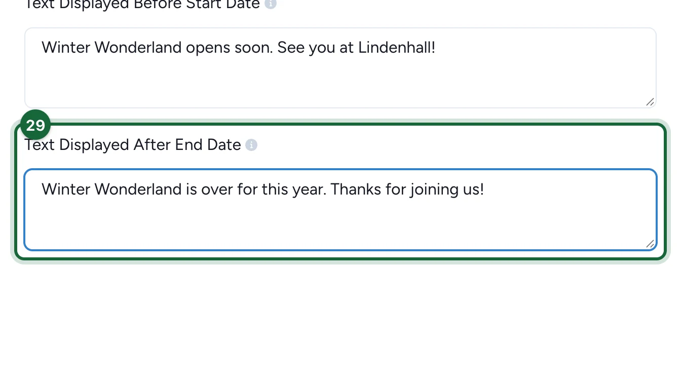 Text Displayed After End Date thanking visitors, highlighted