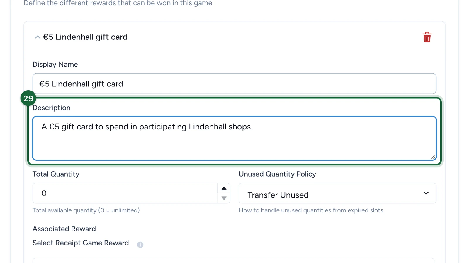 Description of the €5 gift card, highlighted