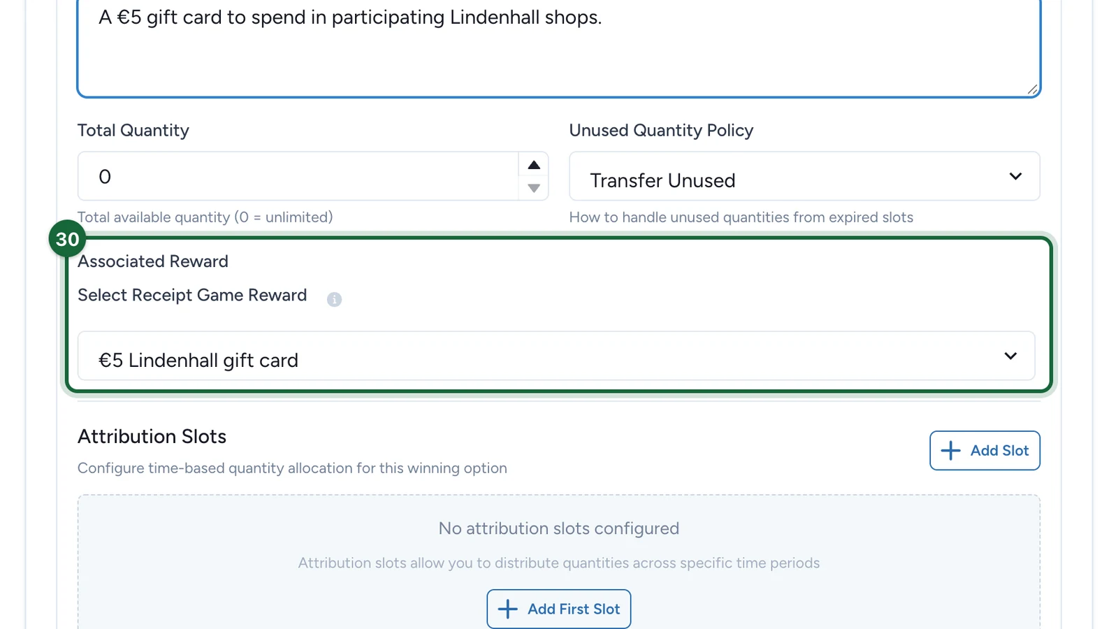 Associated Reward set to the €5 Lindenhall gift card, highlighted