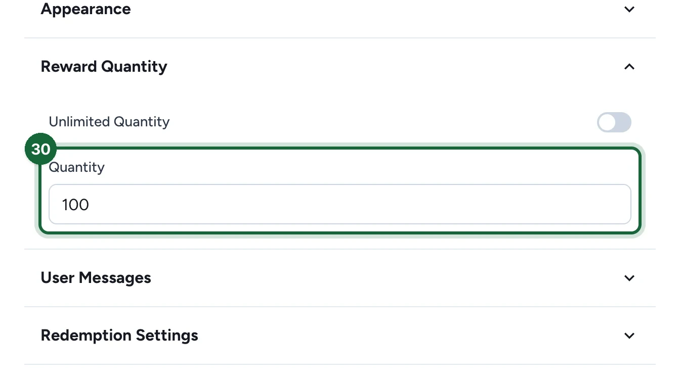 Quantity 100, highlighted