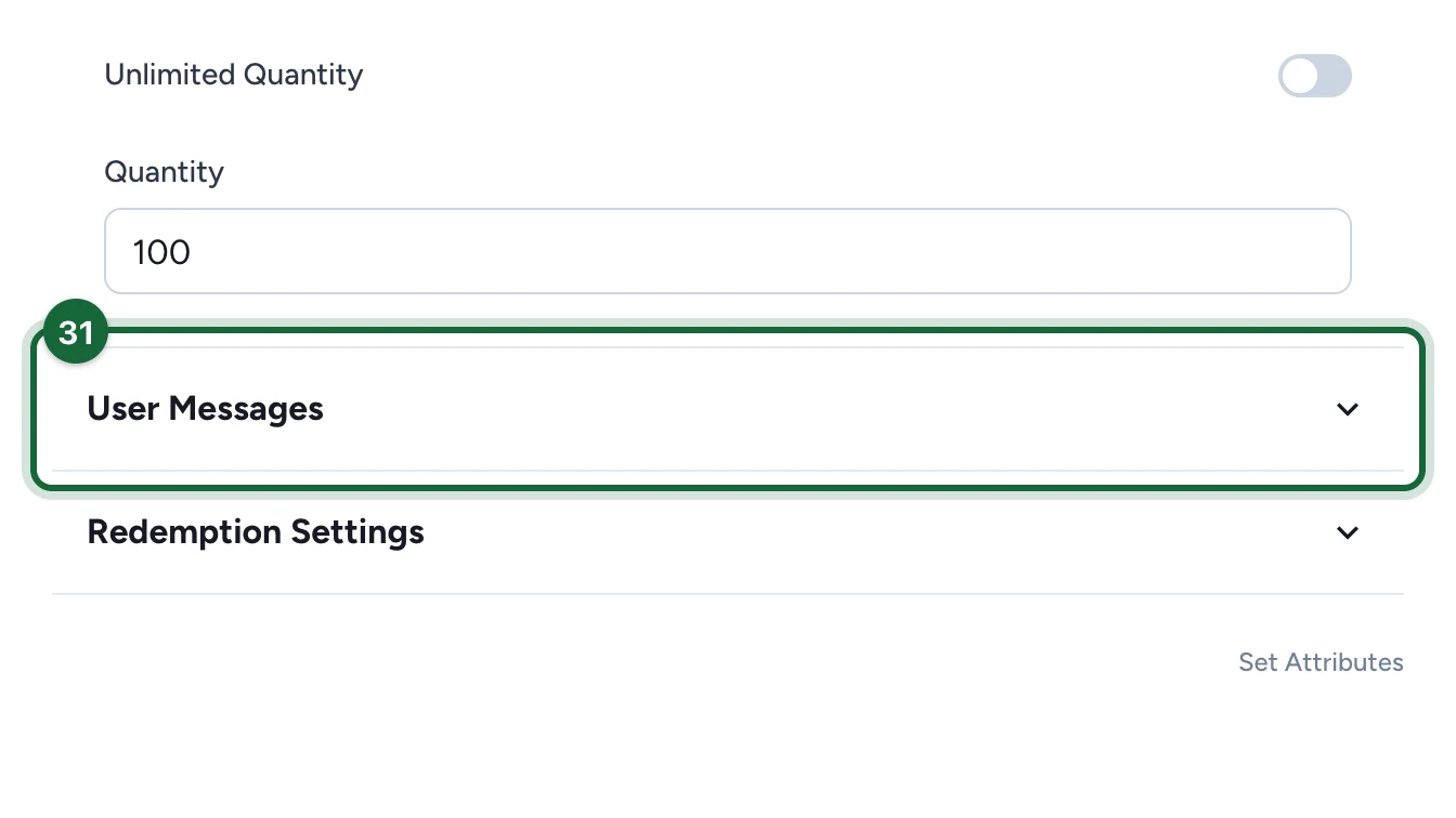 Reward settings with the User Messages section highlighted