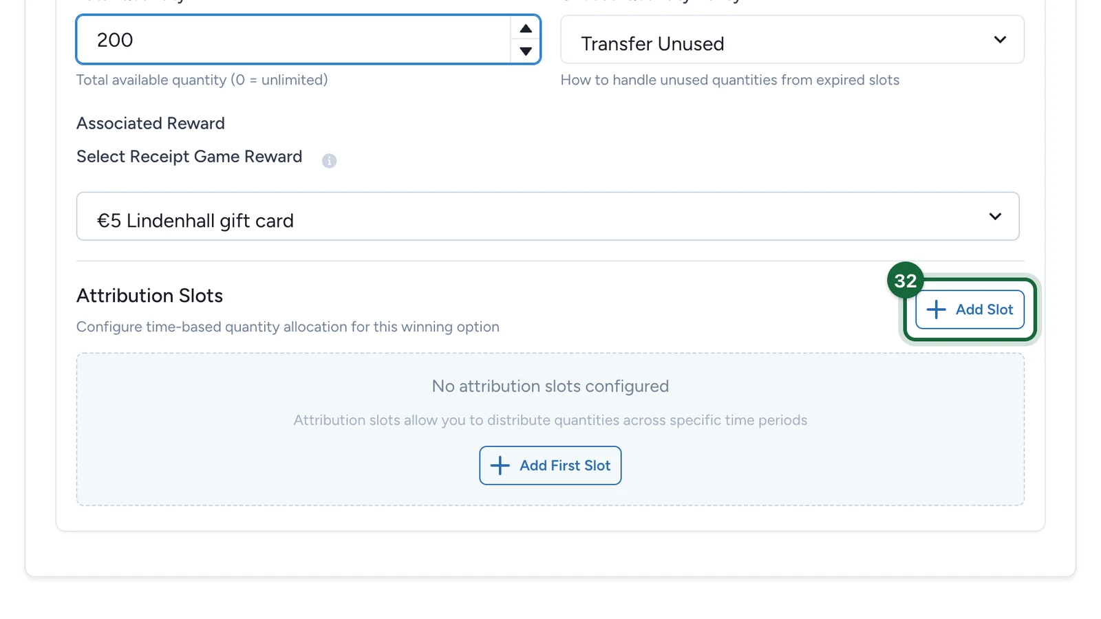 Empty Attribution Slots with the Add Slot button highlighted