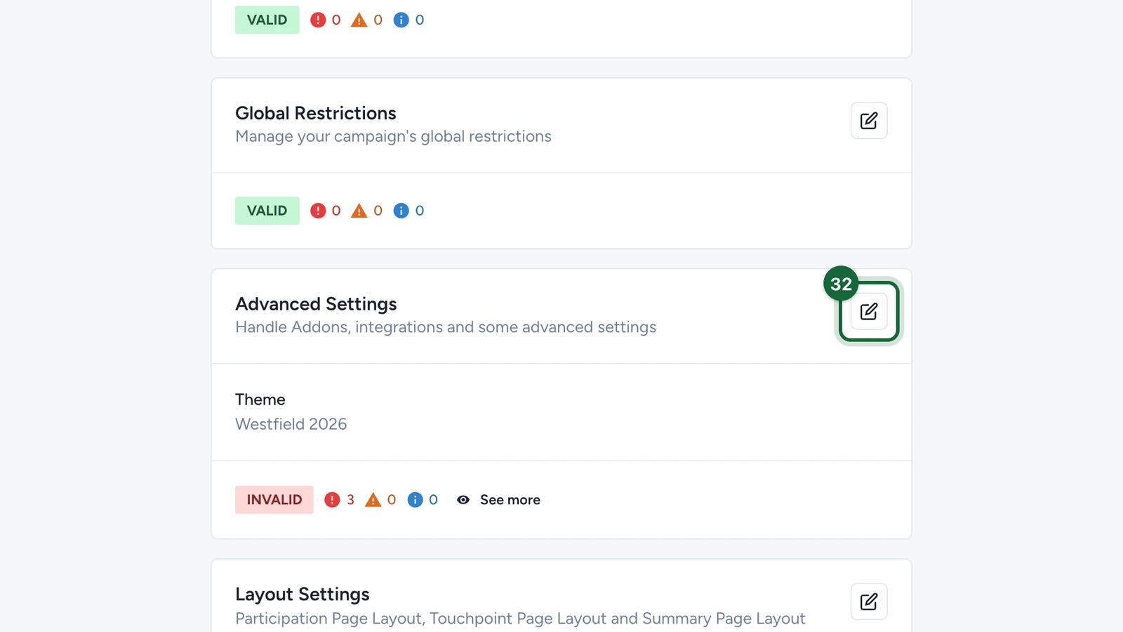 Advanced Settings card with its edit button highlighted