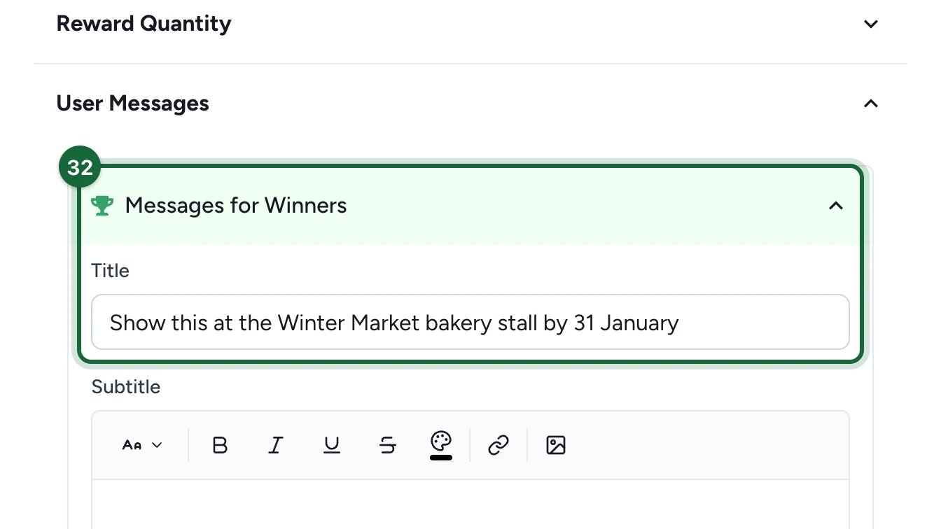 Messages for Winners with the title Show this at the Winter Market bakery stall by 31 January, highlighted