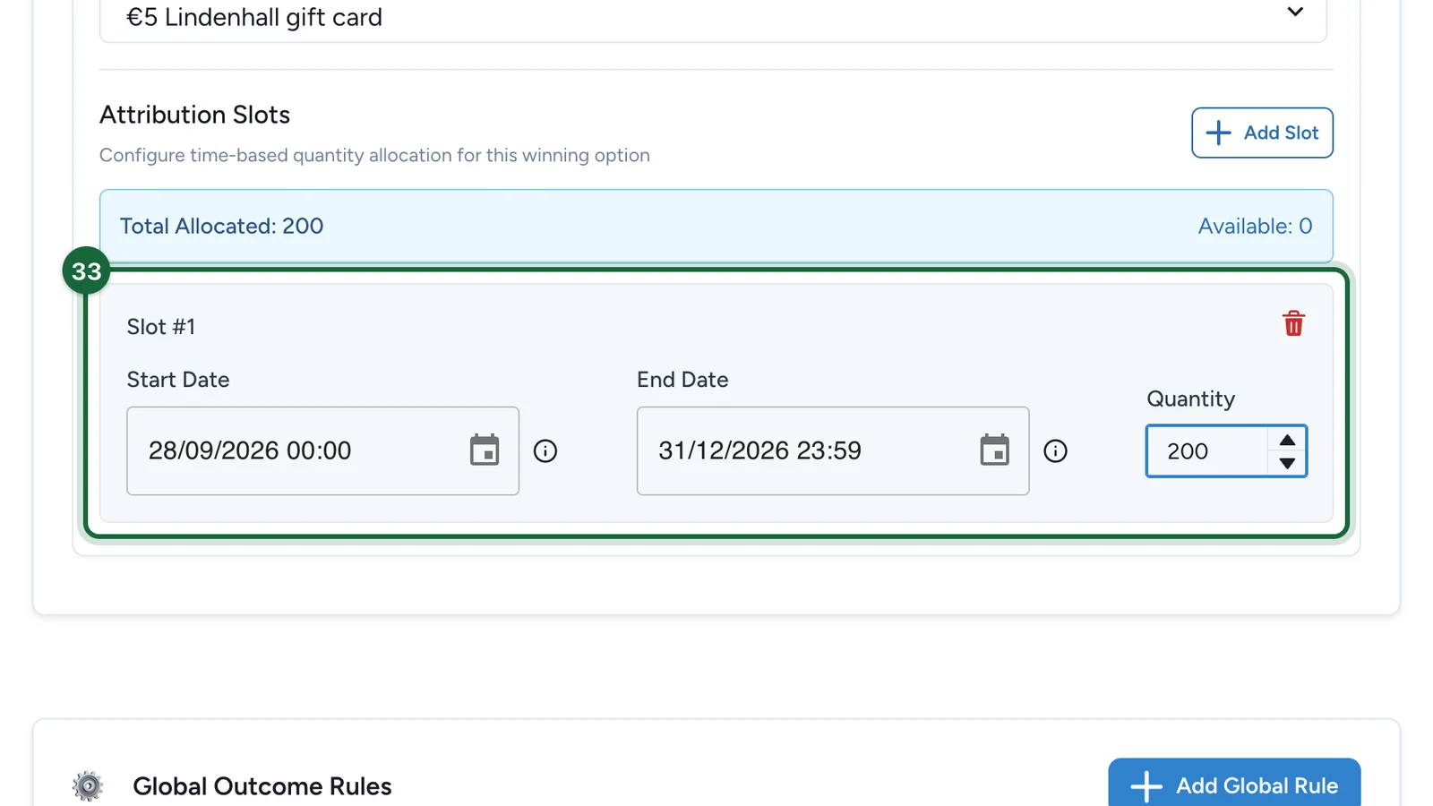 Slot 1 from 28 September to 31 December 2026 with a quantity of 200, highlighted