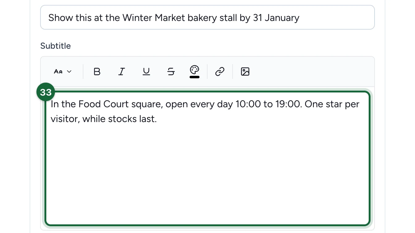 Subtitle reading In the Food Court square, open every day 10:00 to 19:00, one star per visitor, highlighted