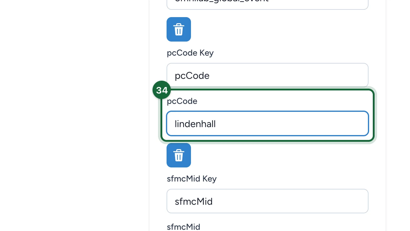 pcCode set to lindenhall, highlighted