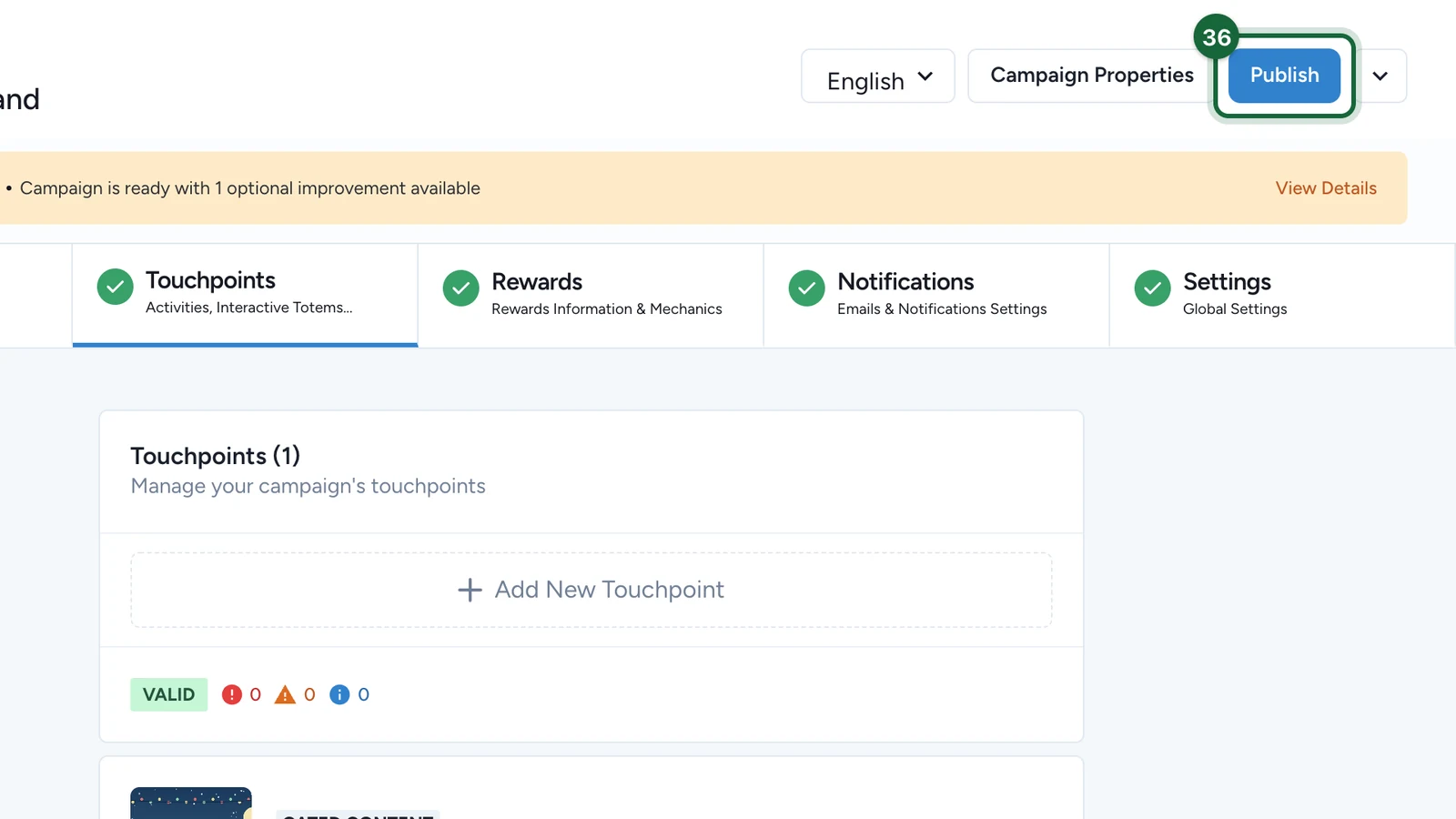 Campaign header with the Publish button highlighted
