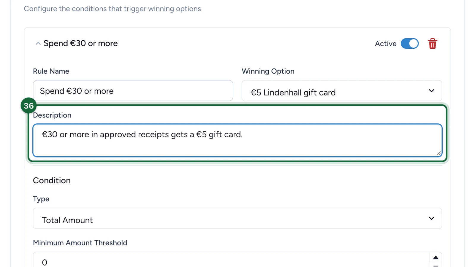 Rule description saying €30 or more in approved receipts gets a €5 gift card, highlighted